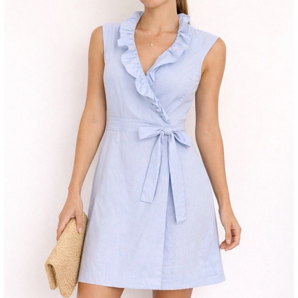 Elizabeth McKay Scotland Wrap Dress S Blue Coquette Ruffle Party Wedding Guest